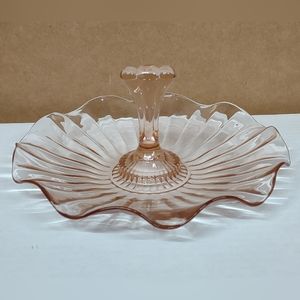 Vtg Anchor Hocking Pink Depression Glass Center Handled Ruffled  Dish 7 7/8"